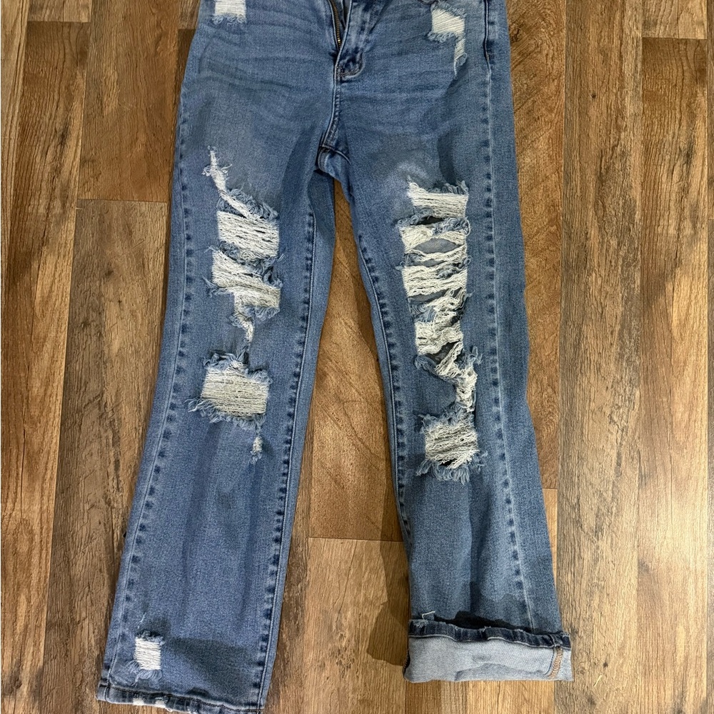 Judy Blue Ripped Boyfriend Jeans in Denim Blue